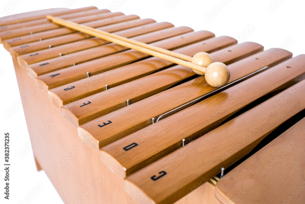 The xylophone and two mallets on the white background