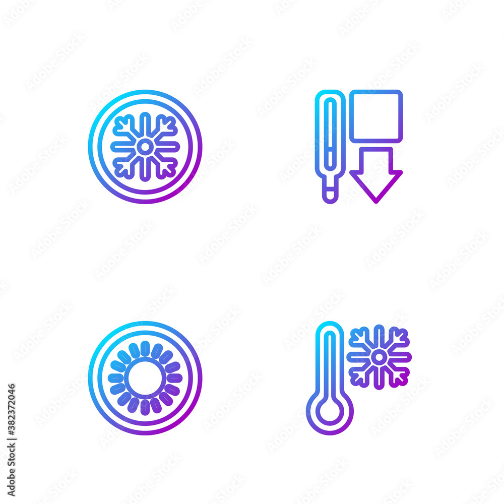 Set line Thermometer with snowflake, Sun, Snowflake and Medical thermometer. Gradient color icons. V