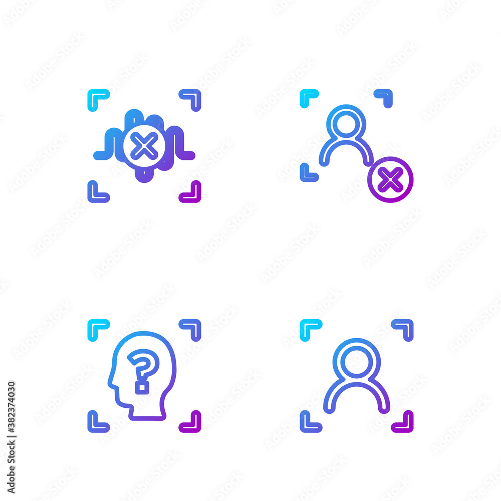 Set line Face recognition, , Rejection voice and face. Gradient color icons. Vector.