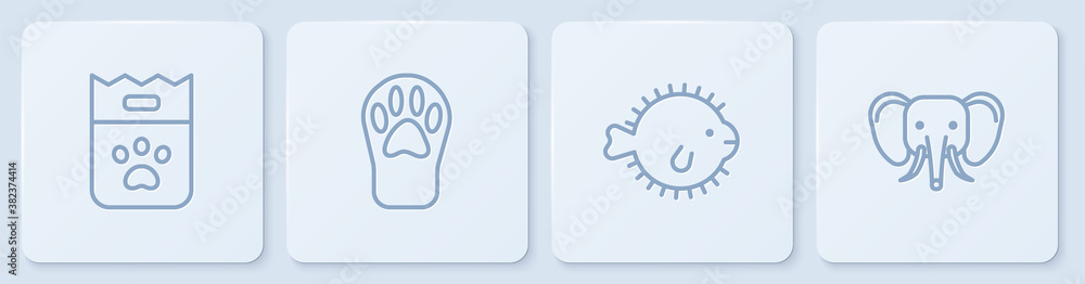 Set line Bag of food, Puffer fish, Paw print and Elephant. White square button. Vector.