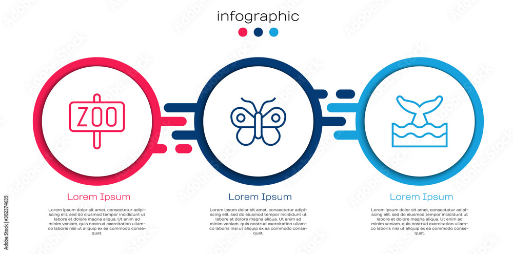 设置动物园公园，海浪中的蝴蝶和鲸鱼尾巴。商业信息图模板。矢量。