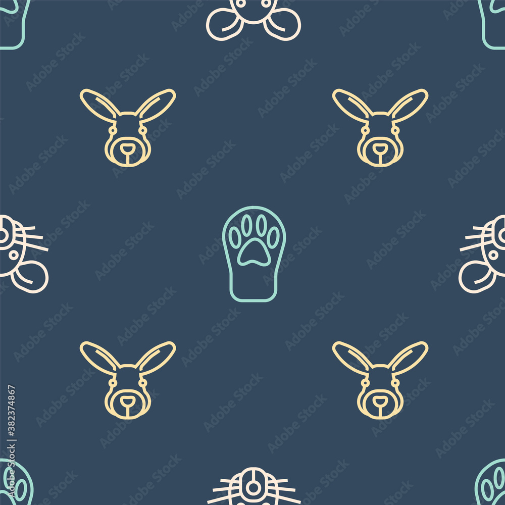 Set line Rat head, Rabbit and Paw print on seamless pattern. Vector.