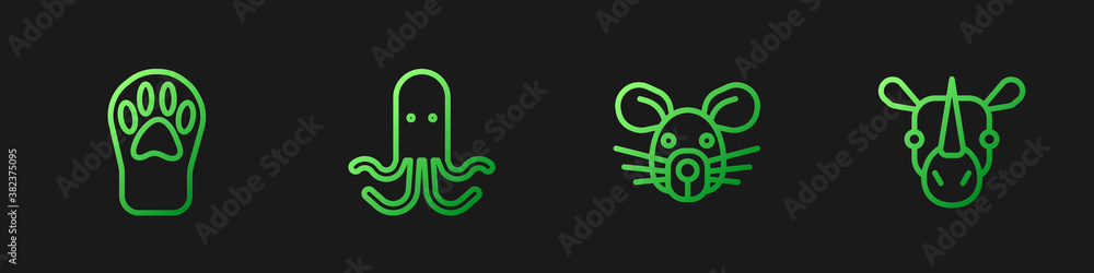 Set line Rat head, Paw print, Octopus and Rhinoceros. Gradient color icons. Vector.