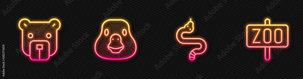 Set line Snake, Bear head, Goose bird and Zoo park. Glowing neon icon. Vector.