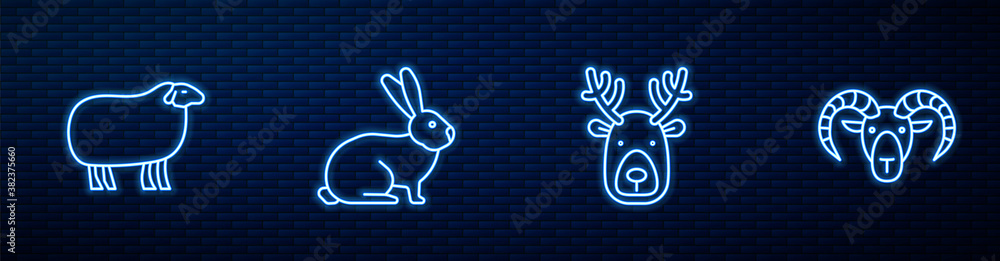 Set line Deer head with antlers, Sheep, Rabbit and Head of goat or ram. Glowing neon icon on brick w