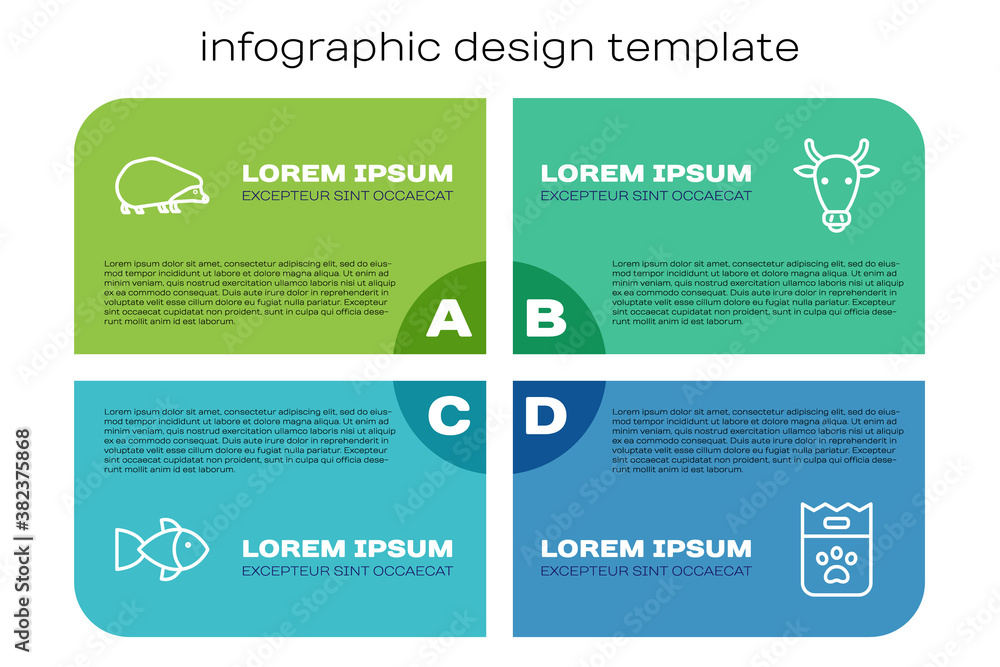 设定线鱼、刺猬、食品袋和牛头。商业信息图模板。矢量。