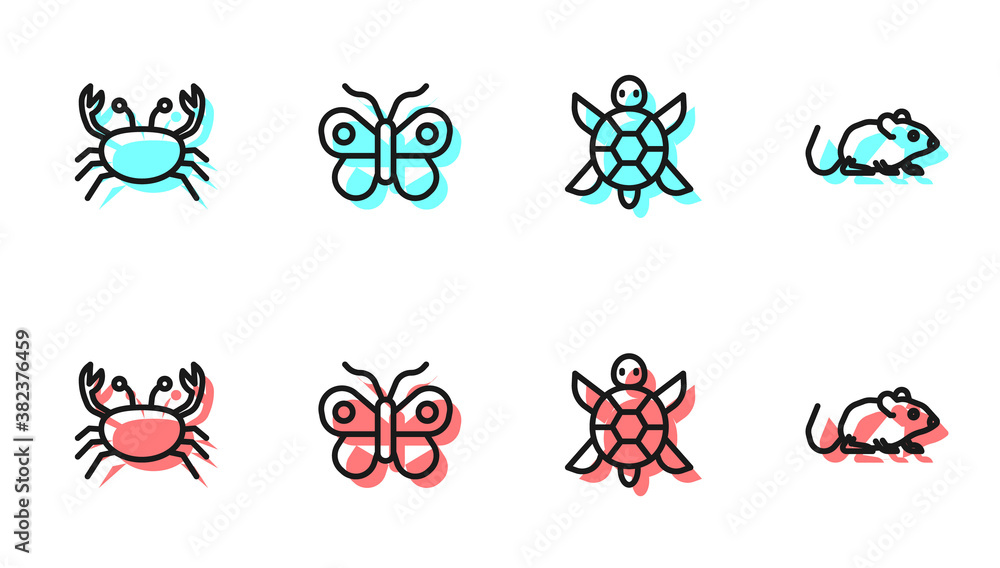 Set line Turtle, Crab, Butterfly and Rat icon. Vector.