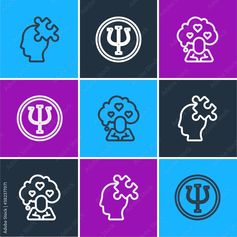 Set line Solution to the problem, Broken heart or divorce and Psychology, Psi icon. Vector.