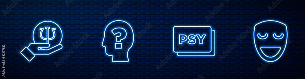 Set line Psychology, Psi, , Head with question mark and Comedy theatrical mask. Glowing neon icon on