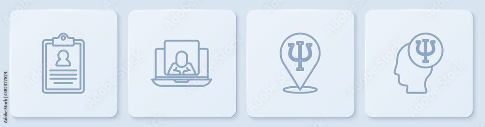 Set line Medical clipboard, Psychology, Psi, Psychologist online and . White square button. Vector.