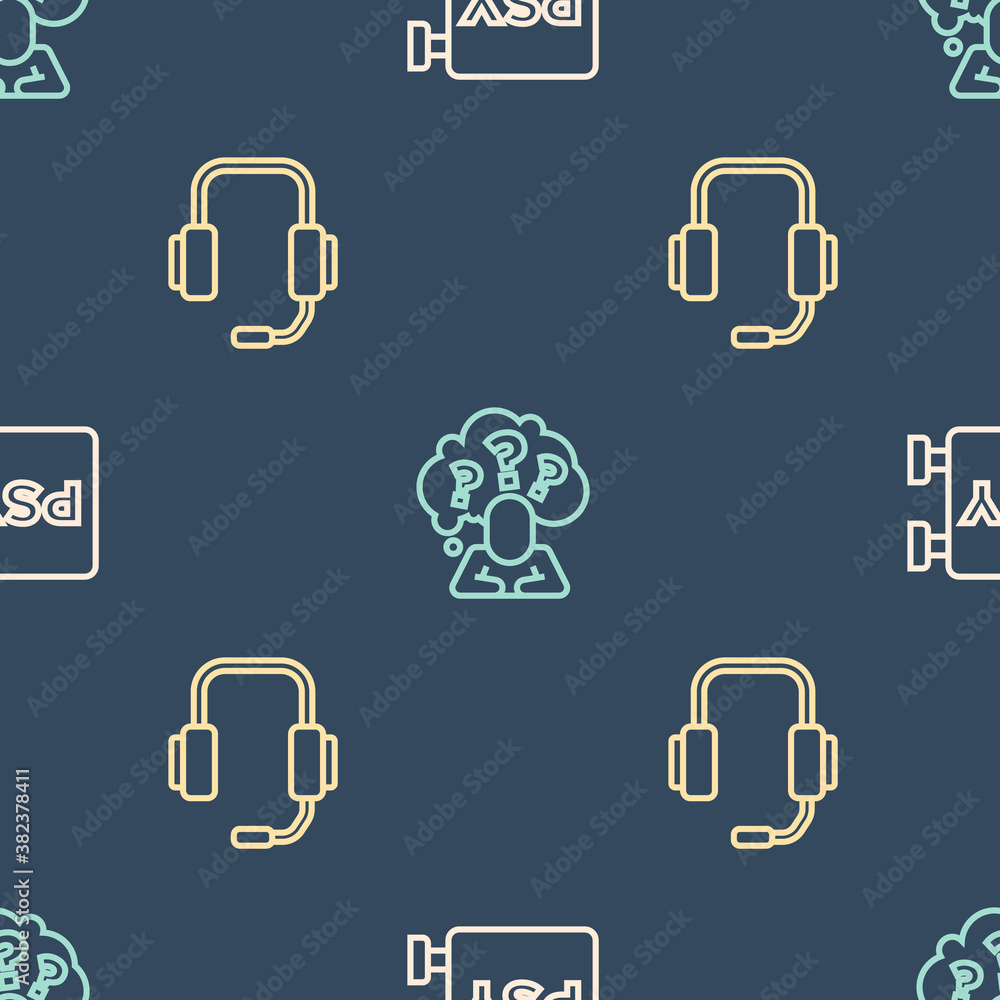 Set line Psychology, Psi, Psychologist online and Head with question mark on seamless pattern. Vecto