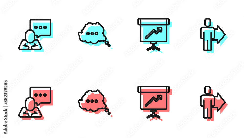 Set line Chalkboard with diagram, Speech bubble chat, and Team leader icon. Vector.