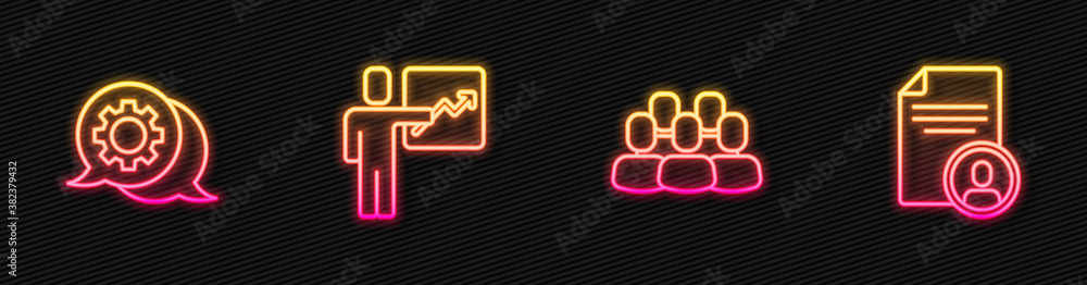 Set line Project team base, Speech bubble chat, Team leader and Resume. Glowing neon icon. Vector.