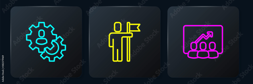 Set line Head hunting, Project team base and Team leader. Black square button. Vector.