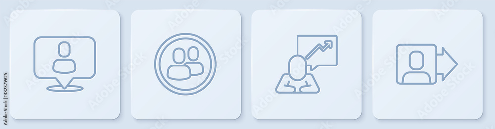 Set line Head hunting, Team leader, Project team base and . White square button. Vector.