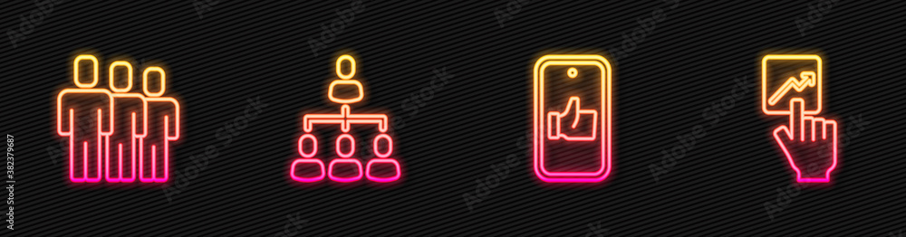 Set line Hand like, Users group, Hierarchy organogram chart and Team leader. Glowing neon icon. Vect