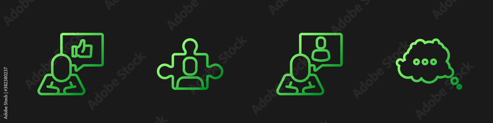 Set line Head hunting, Hand like, Project team base and Speech bubble chat. Gradient color icons. Ve