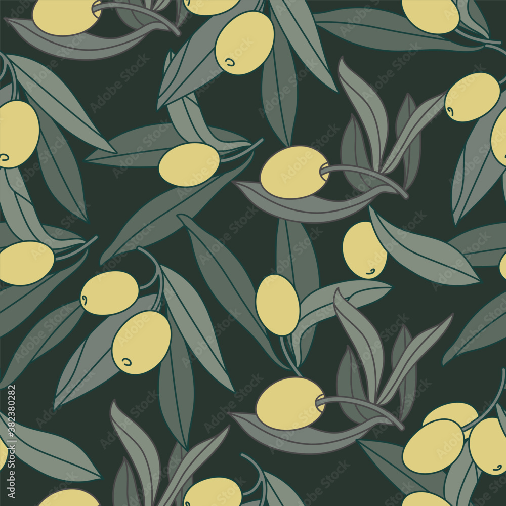 Vector illustration olive branch - vintage linear style. Seamless pattern in retro botanical style.