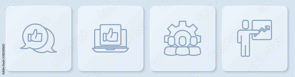 Set line Hand like, Project team base, and Team leader. White square button. Vector.