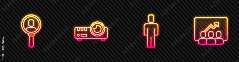 Set line Head hunting, Search people, Media projector and Project team base. Glowing neon icon. Vect