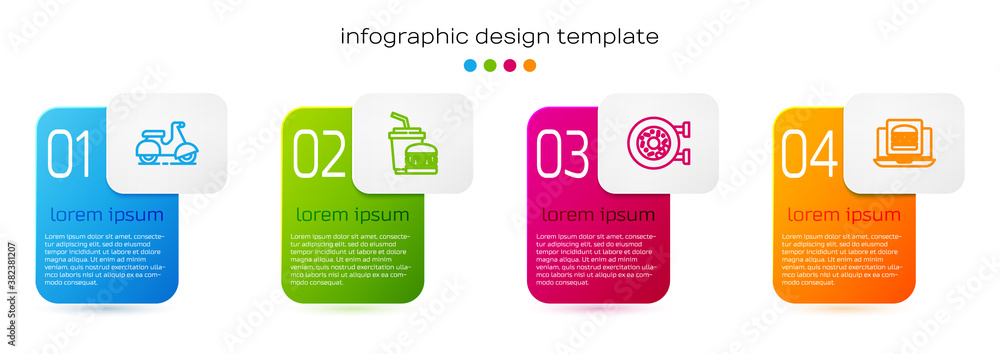 Set line Scooter delivery, Paper glass and burger, Donut and Online ordering. Business infographic t