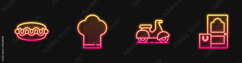 Set line Scooter delivery, Hotdog sandwich, Chef hat and Online ordering. Glowing neon icon. Vector.