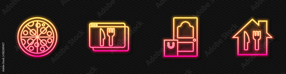 Set line Online ordering and delivery, Pizza, and . Glowing neon icon. Vector.