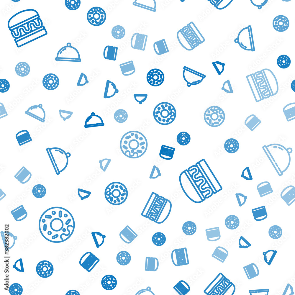 Set line Donut, Burger and Covered with a tray of food on seamless pattern. Vector.