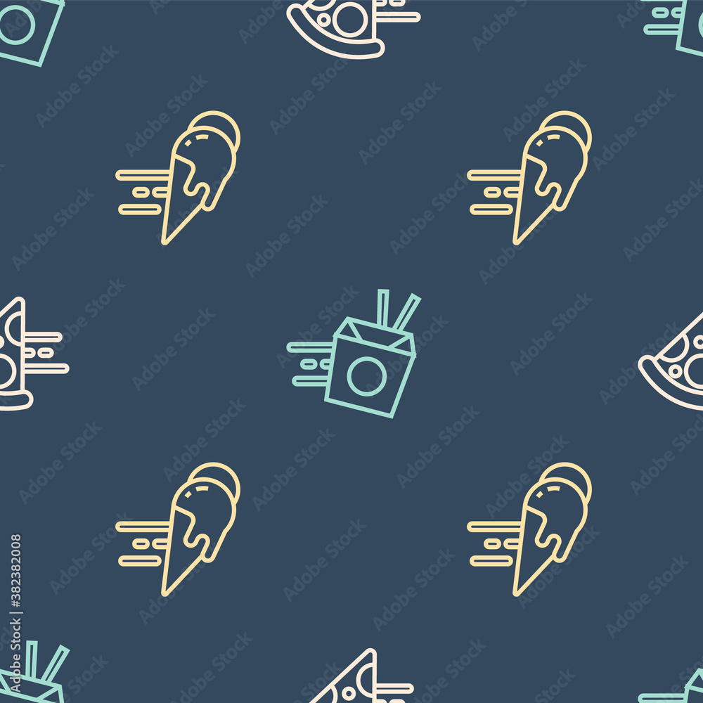 Set line Online ordering pizza delivery, ice cream and noodles on seamless pattern. Vector.