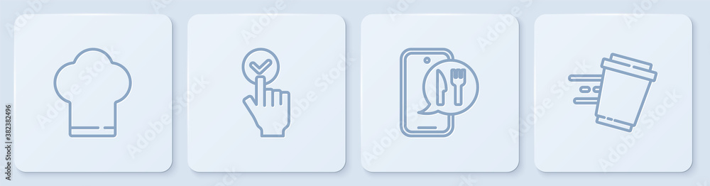 Set line Chef hat, Online ordering and delivery, and Coffee cup to go. White square button. Vector.