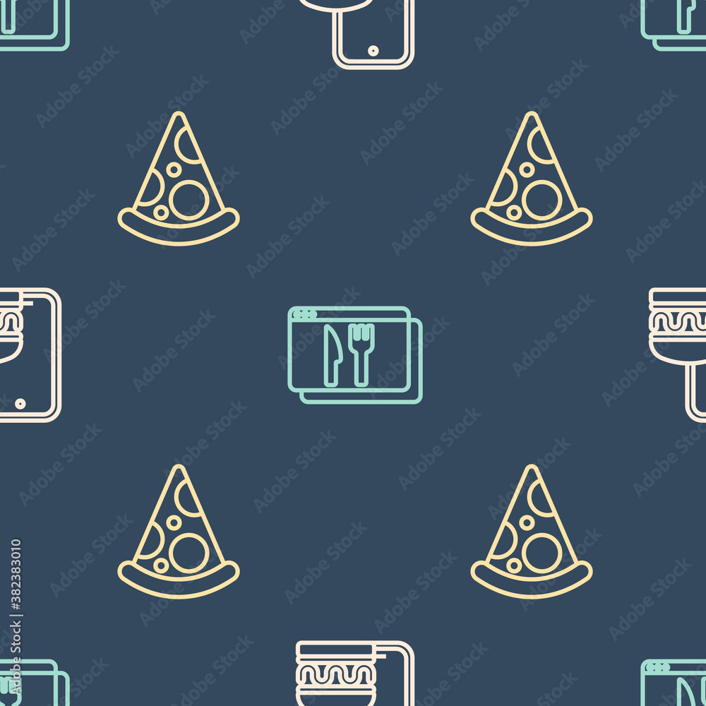 Set line Online ordering and delivery, Slice of pizza and on seamless pattern. Vector.