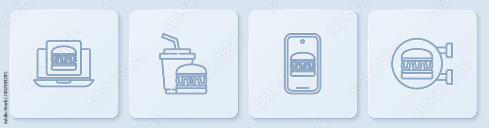 设置在线订购汉堡配送，以及，纸杯和。白色方形按钮。矢量。