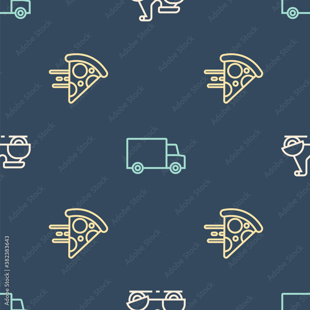 Set line Scooter delivery, Online ordering pizza and Fast by car on seamless pattern. Vector.