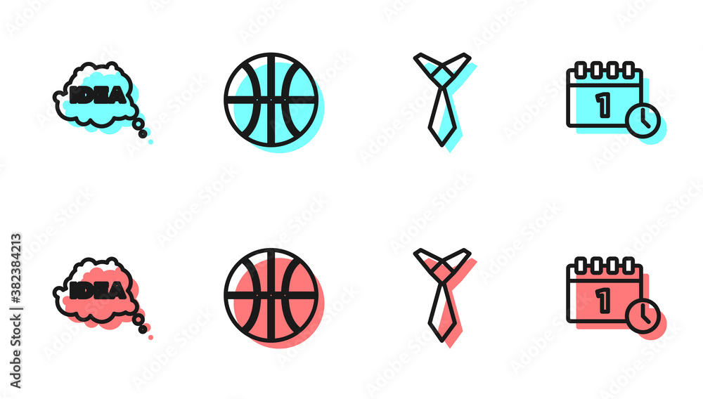 Set line Tie, Idea, speech bubble, Basketball ball and Calendar first september date icon. Vector.