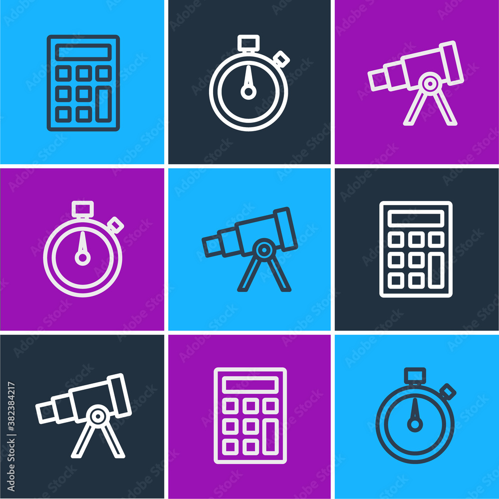 Set line Calculator, Telescope and Stopwatch icon. Vector.