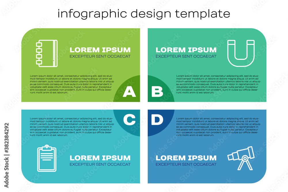 Set line Clipboard with checklist, Spiral notebook, Telescope and Magnet. Business infographic templ