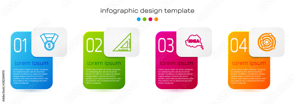 Set line Medal, Triangular ruler, Idea, speech bubble and Solar system. Business infographic templat