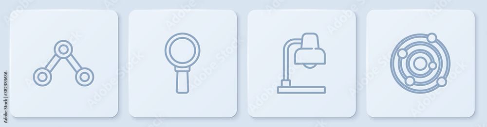 Set line Molecule, Table lamp, Magnifying glass and Solar system. White square button. Vector.