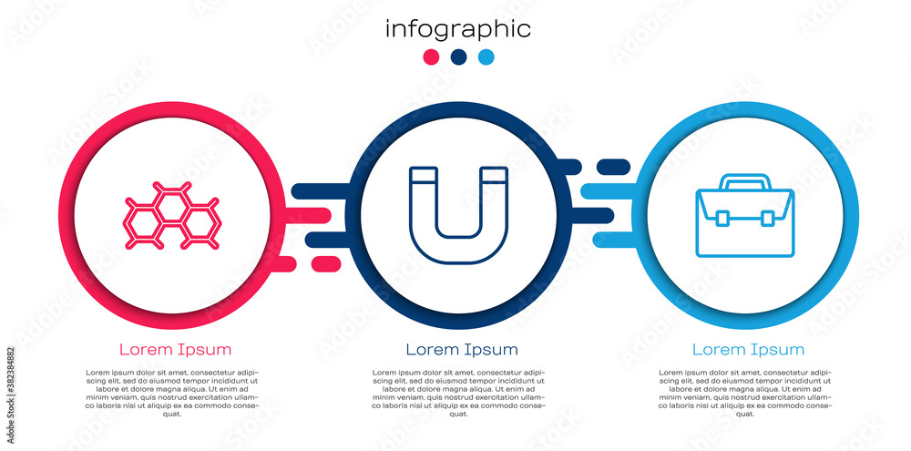 Set line Chemical formula, Magnet and Briefcase. Business infographic template. Vector.