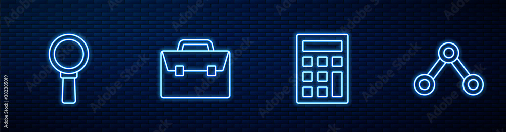 Set line Calculator, Magnifying glass, Briefcase and Molecule. Glowing neon icon on brick wall. Vect