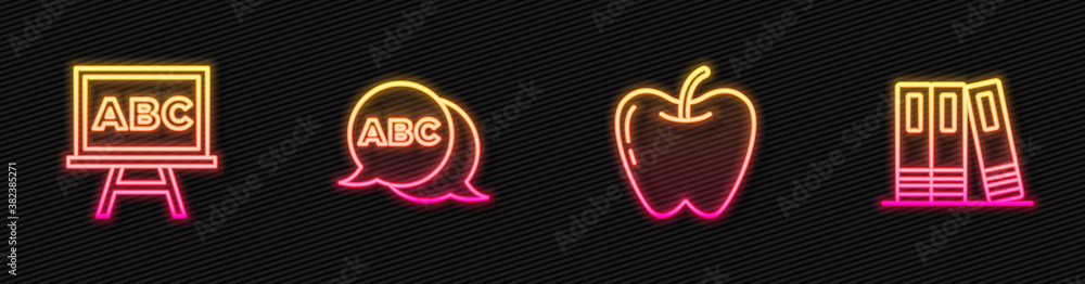 Set line Apple, Chalkboard, Alphabet and Office folders. Glowing neon icon. Vector.