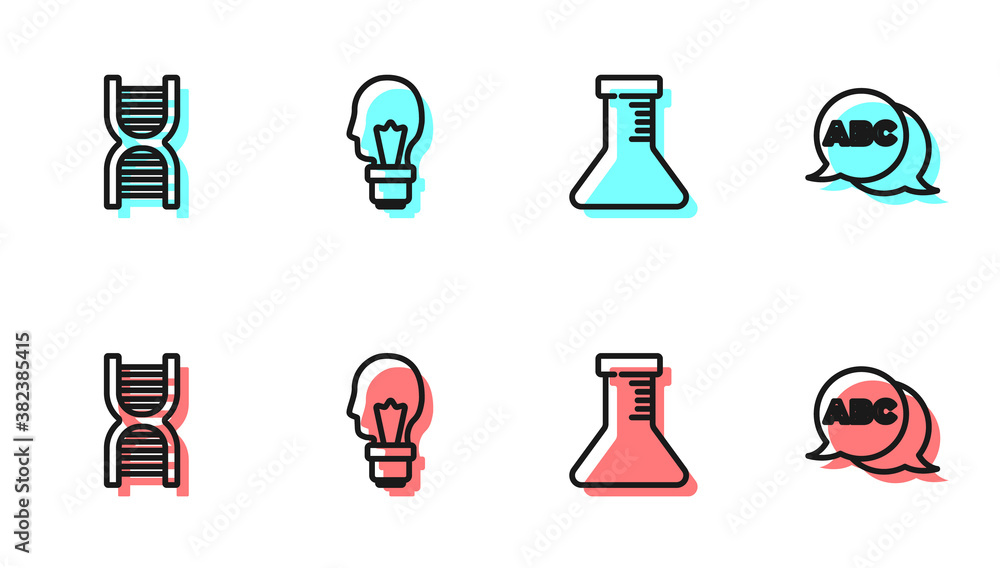 Set line Test tube and flask, DNA symbol, Light bulb with concept of idea and Alphabet icon. Vector.