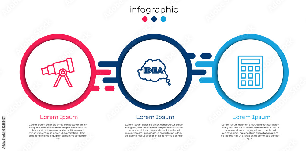 设线望远镜、创意、语音气泡和计算器。商业信息图模板。矢量。