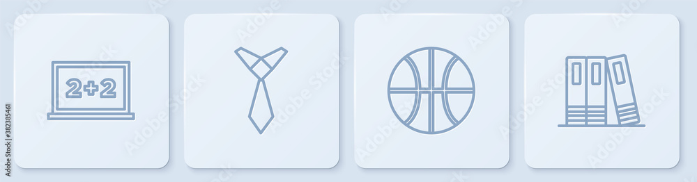 Set line Chalkboard, Basketball ball, Tie and Office folders. White square button. Vector.