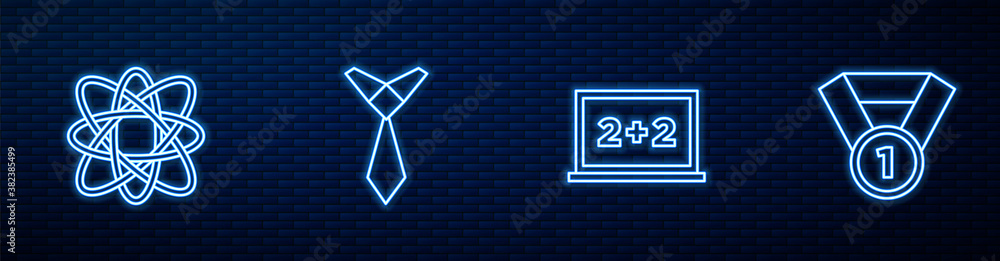 Set line Chalkboard, Atom, Tie and Medal. Glowing neon icon on brick wall. Vector.