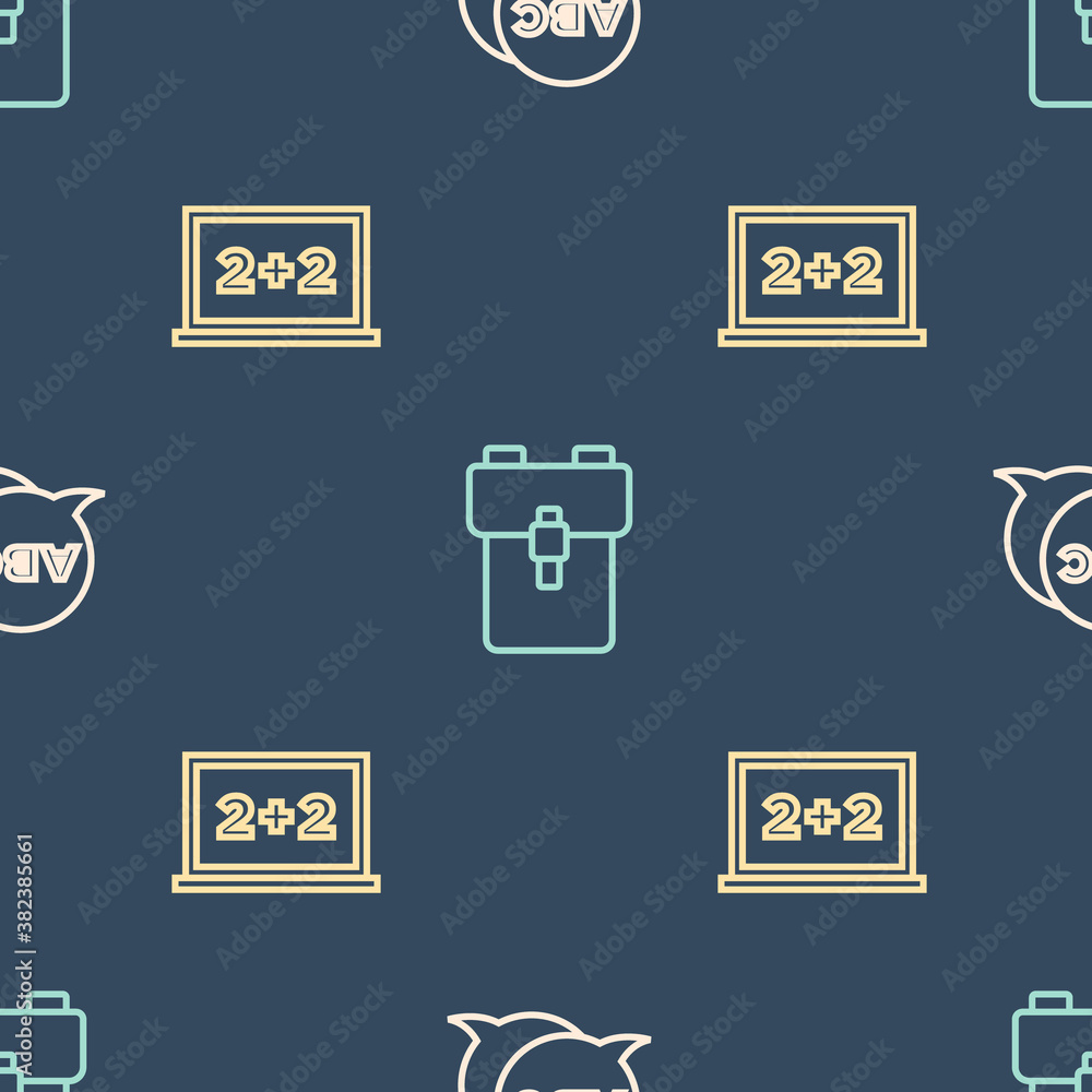 Set line Alphabet, Chalkboard and School backpack on seamless pattern. Vector.