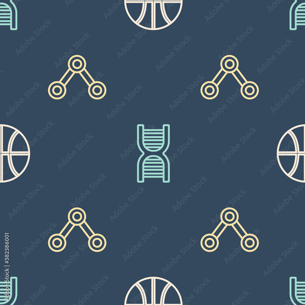 Set line Basketball ball, Molecule and DNA symbol on seamless pattern. Vector.