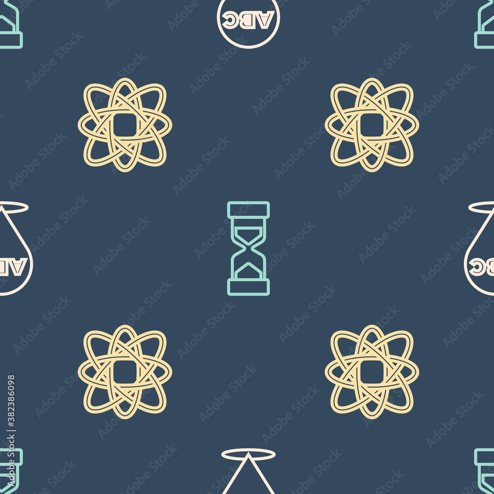 Set line Alphabet, Atom and Old hourglass with sand on seamless pattern. Vector.