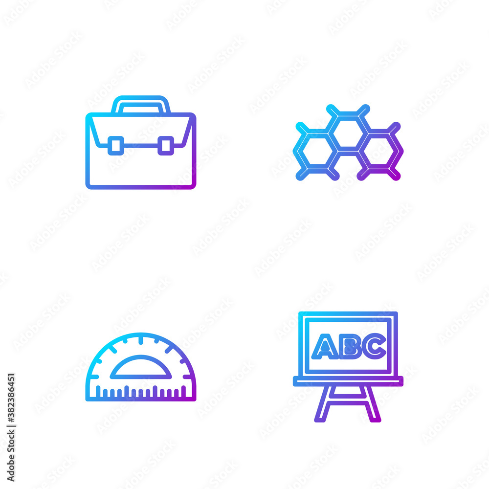 设置线条黑板、量角器、公文包和化学配方。渐变色图标。矢量。