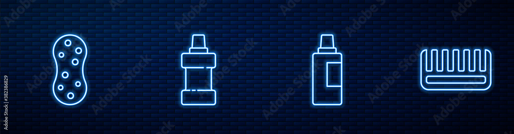 Set line Bottle for cleaning agent, Sponge, and Hairbrush. Glowing neon icon on brick wall. Vector.